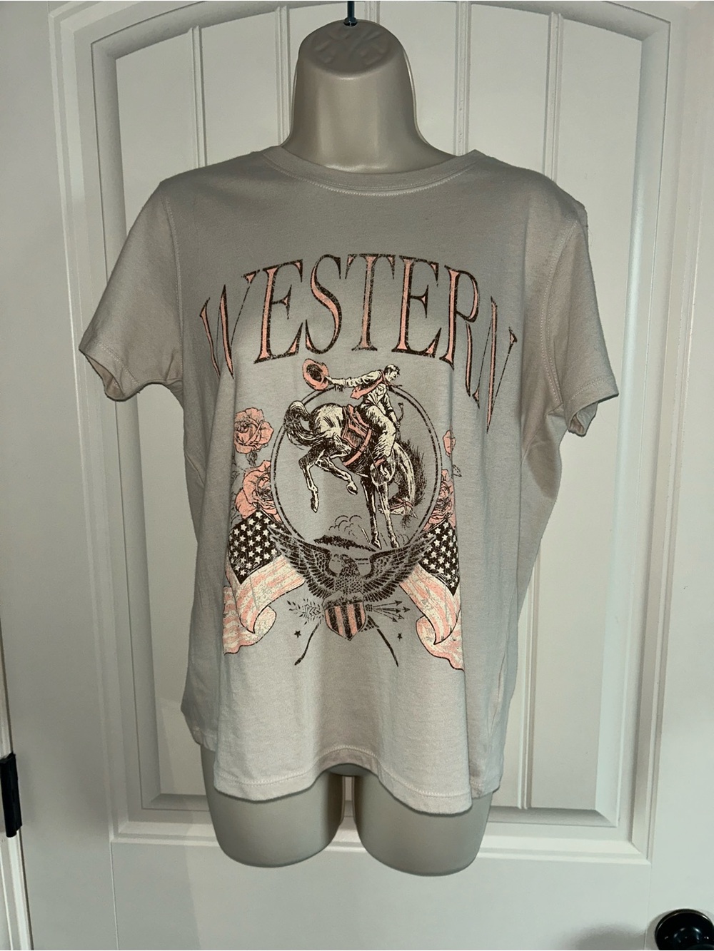 NEW Foryeri Western Graphic Short Sleeve Tee - Cream Sz S